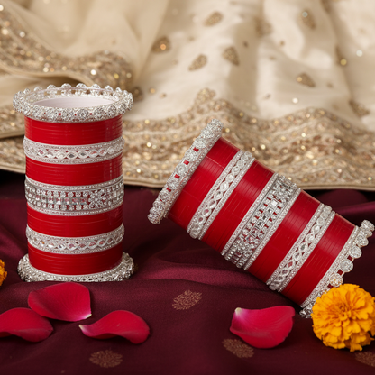 Red & Silver Bridal Chuda with Zircon Detailing set of 2