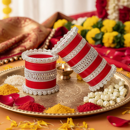 Red & Silver Bridal Chuda with Zircon Detailing set of 2