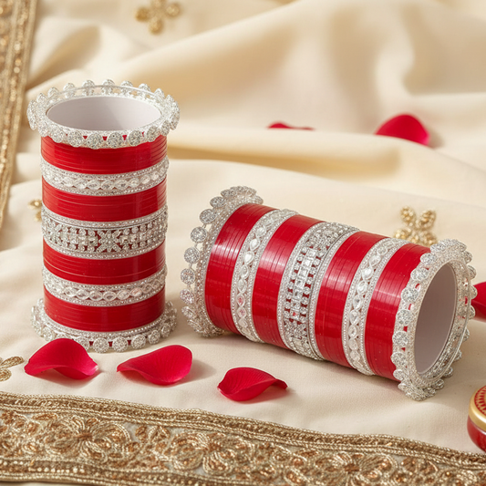 Red & Silver Bridal Chuda with Zircon Detailing set of 2