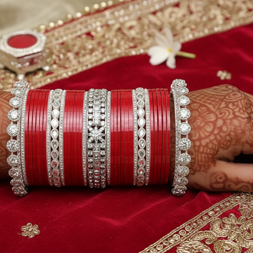 Red & Silver Bridal Chuda with Zircon Detailing set of 2