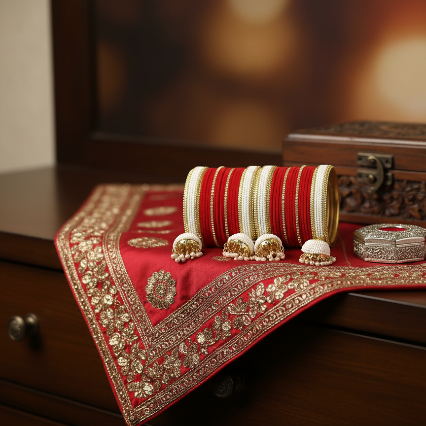 Bridal Red & White Chuda with Golden Detailing and Pearl Latkans – Set of 2