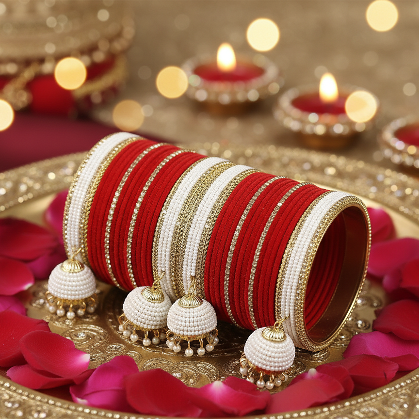 Bridal Red & White Chuda with Golden Detailing and Pearl Latkans – Set of 2