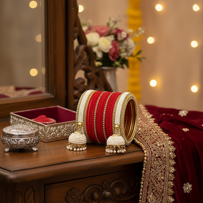 Bridal Red & White Chuda with Golden Detailing and Pearl Latkans – Set of 2