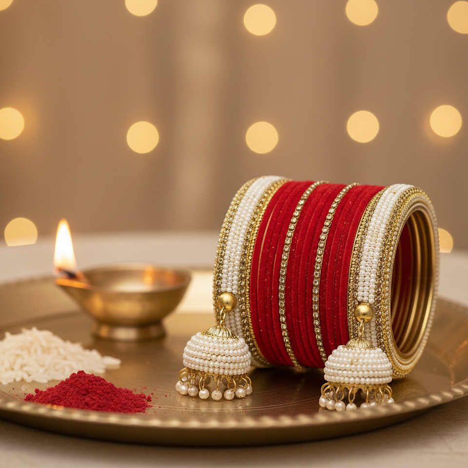Bridal Red & White Chuda with Golden Detailing and Pearl Latkans – Set of 2