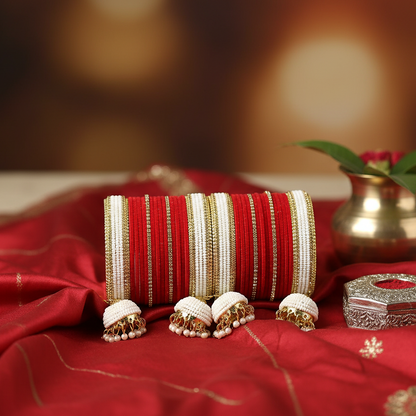 Bridal Red & White Chuda with Golden Detailing and Pearl Latkans – Set of 2
