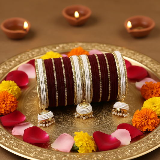 Maroon & White Bridal Chuda with Golden Detailing and Pearl Latkans – pack of 32 bangle
