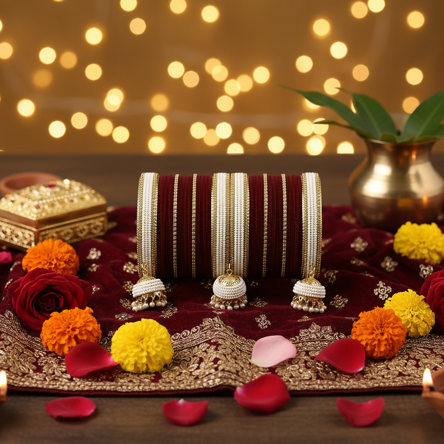 Maroon & White Bridal Chuda with Golden Detailing and Pearl Latkans – pack of 32 bangle
