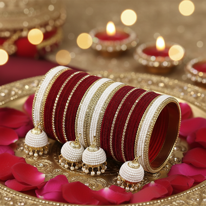 Maroon & White Bridal Chuda with Golden Detailing and Pearl Latkans – pack of 32 bangle