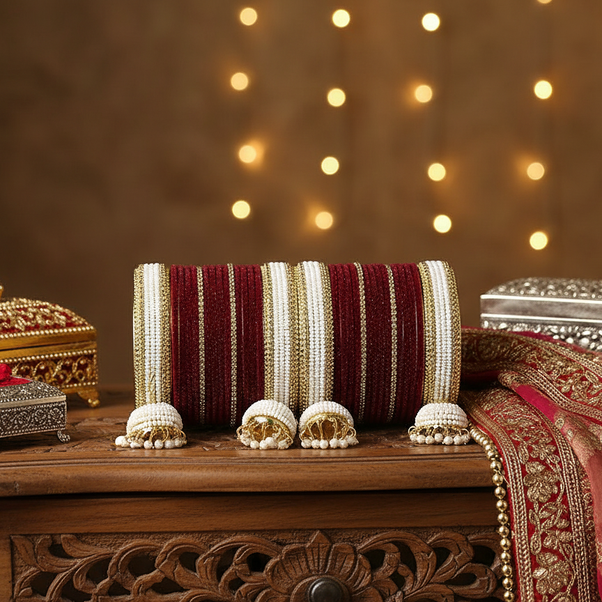 Maroon & White Bridal Chuda with Golden Detailing and Pearl Latkans – pack of 32 bangle