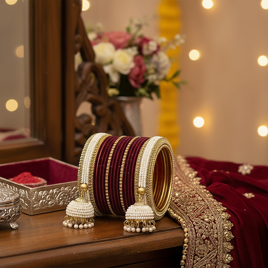 Maroon & White Bridal Chuda with Golden Detailing and Pearl Latkans – pack of 32 bangle