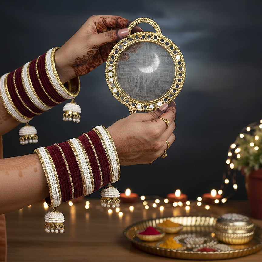 Maroon & White Bridal Chuda with Golden Detailing and Pearl Latkans – pack of 32 bangle