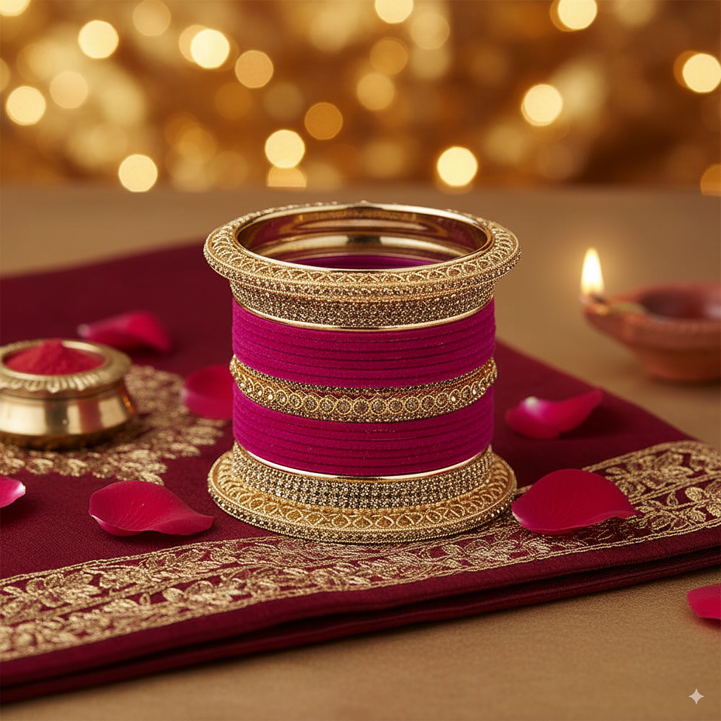 Magenta Bridal Chuda with Golden Borders – Elegant Wedding Set of 2
