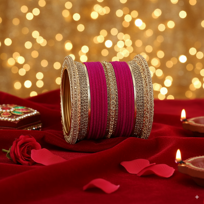 Magenta Bridal Chuda with Golden Borders – Elegant Wedding Set of 2