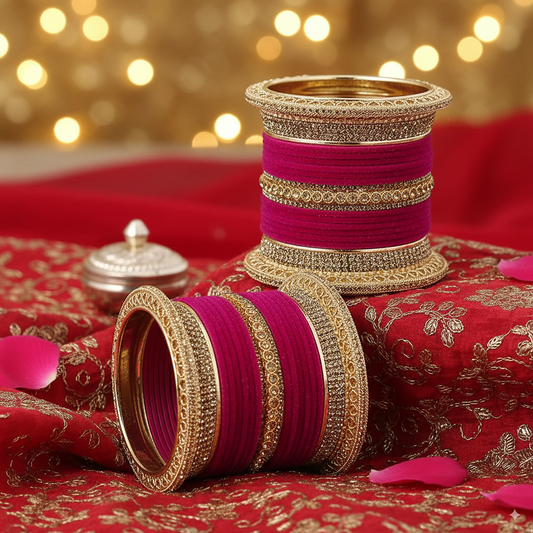 Magenta Bridal Chuda with Golden Borders – Elegant Wedding Set of 2