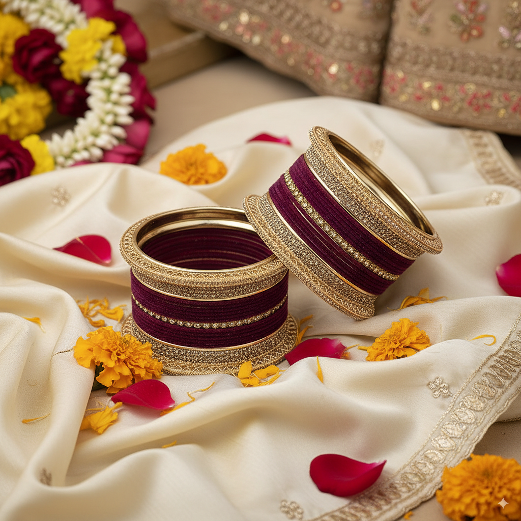 Wine color Bridal Chuda with Golden Borders – Premium Wedding Set of 2