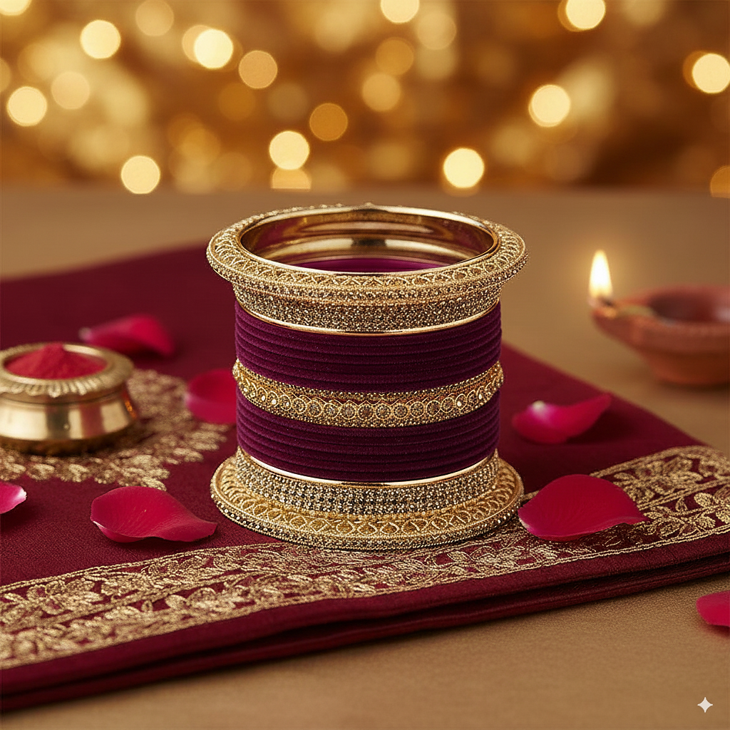 Wine color Bridal Chuda with Golden Borders – Premium Wedding Set of 2