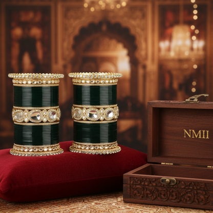 Bridal Gold Metal Chuda Set | Zircon Diamond Studded Bangles for Women | Traditional Wedding Set of 70