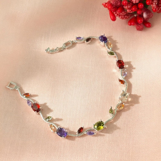 Trendy Tulip Multicolor Crystal Bracelet | Floral Design Silver Plated Bracelet