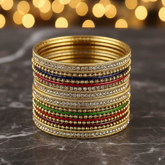 Golden Ball-Chain Bangles with Multi-Color Detailing