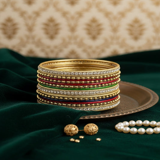 Golden Ball-Chain Bangles with Multi-Color Detailing