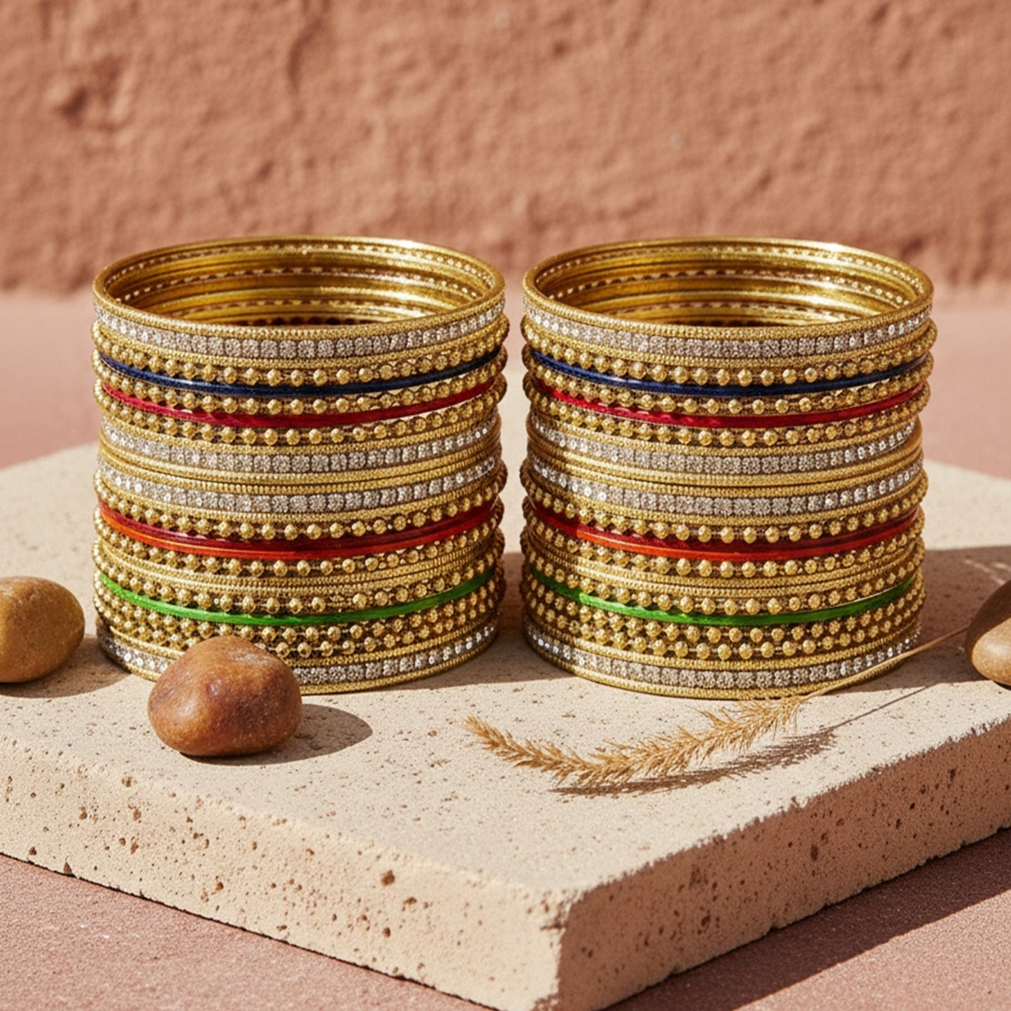 Golden Ball-Chain Bangles with Multi-Color Detailing