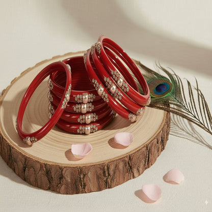 Set of 8 Red Glossy Bangles with Golden Floral Detailing