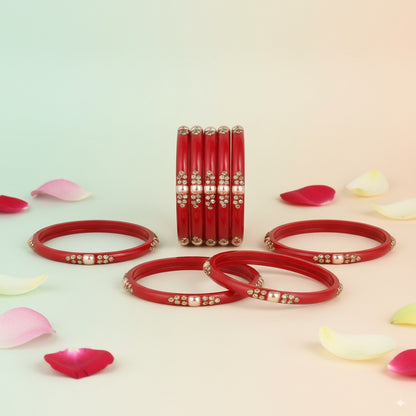 Set of 8 Red Glossy Bangles with Golden Floral Detailing
