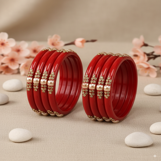 Set of 8 Red Glossy Bangles with Golden Floral Detailing