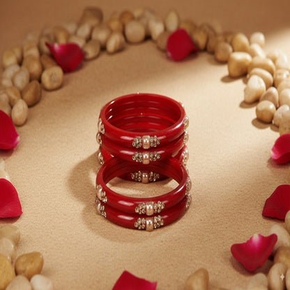 Set of 8 Red Glossy Bangles with Golden Floral Detailing