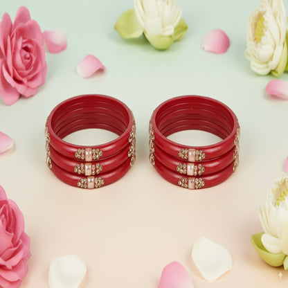 Set of 8 Red Glossy Bangles with Golden Floral Detailing