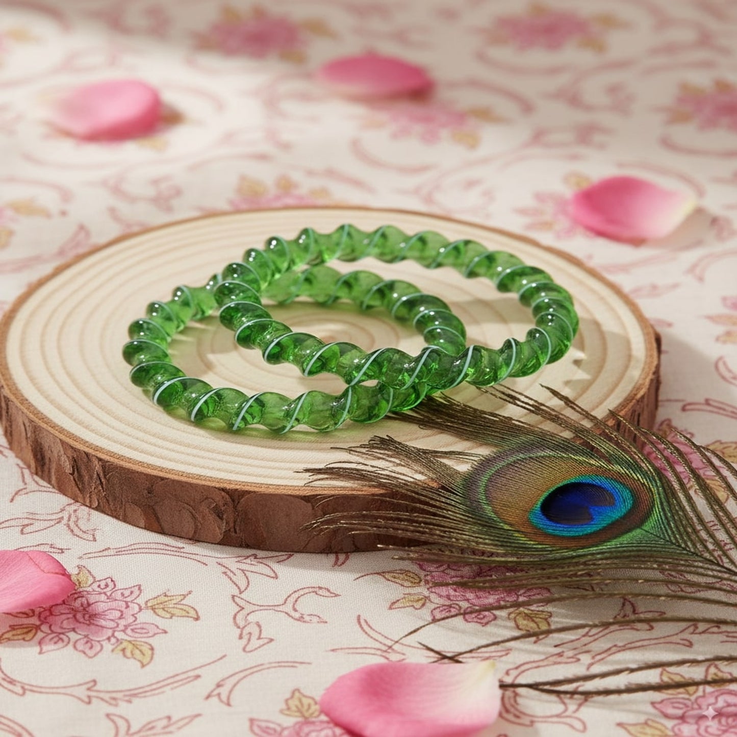 Green Spiral Glass Bangles – Set of 2 Designer Twist Pattern