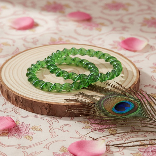 Green Spiral Glass Bangles – Set of 2 Designer Twist Pattern