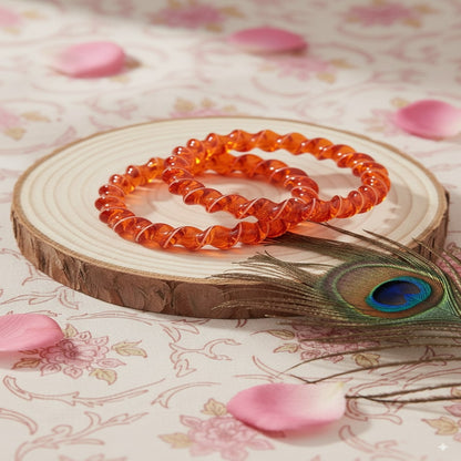 Orange Spiral Glass Bangles – Set of 2 Designer Twist Pattern