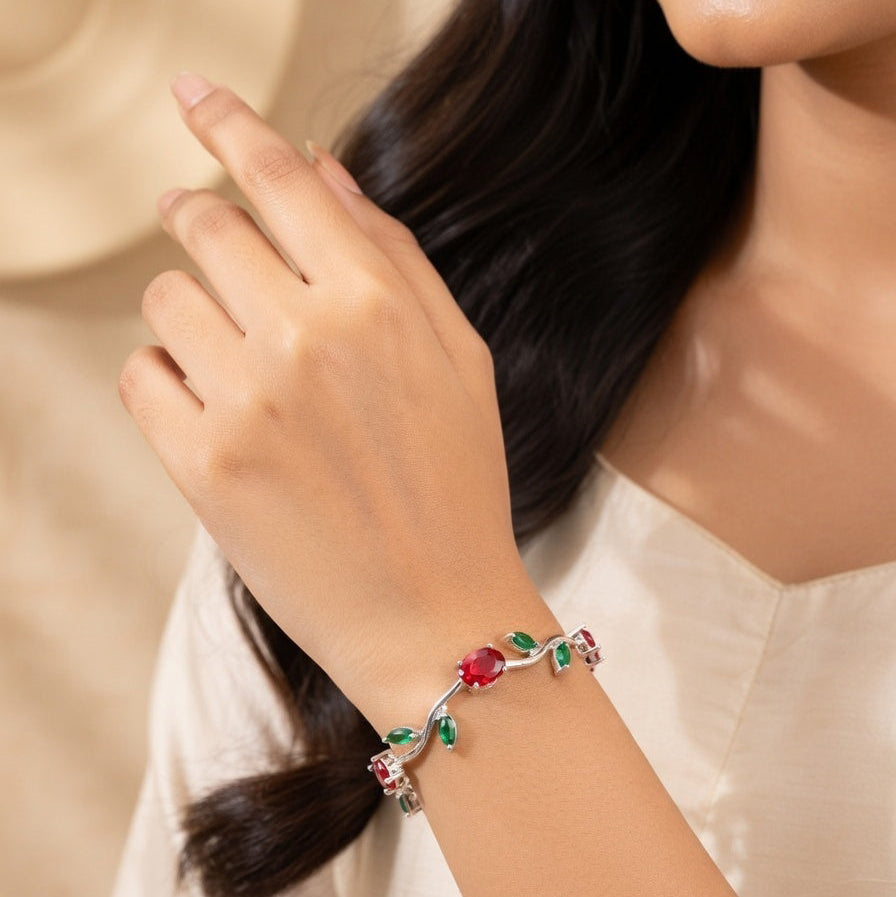 Trendy Tulip GreenRed Crystal Bracelet for Women  Floral Design Silver Plated Bracelet
