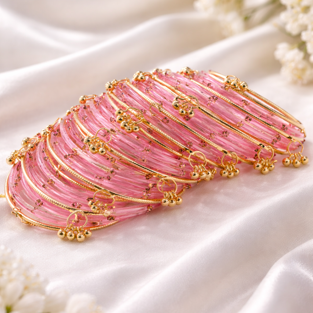 Pink Glass Bangles Set with Gold Metal Ghungroo Pack of 20