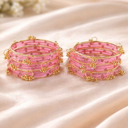 Pink Glass Bangles Set with Gold Metal Ghungroo Pack of 20