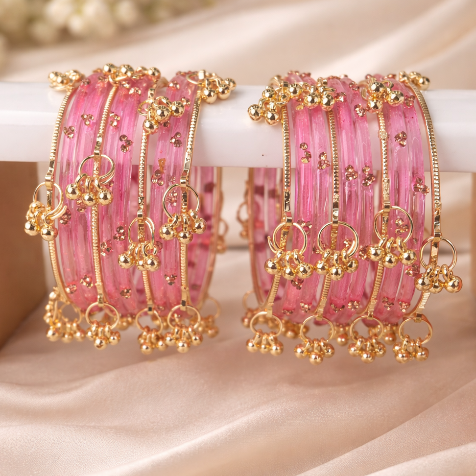 Pink Glass Bangles Set with Gold Metal Ghungroo Pack of 20