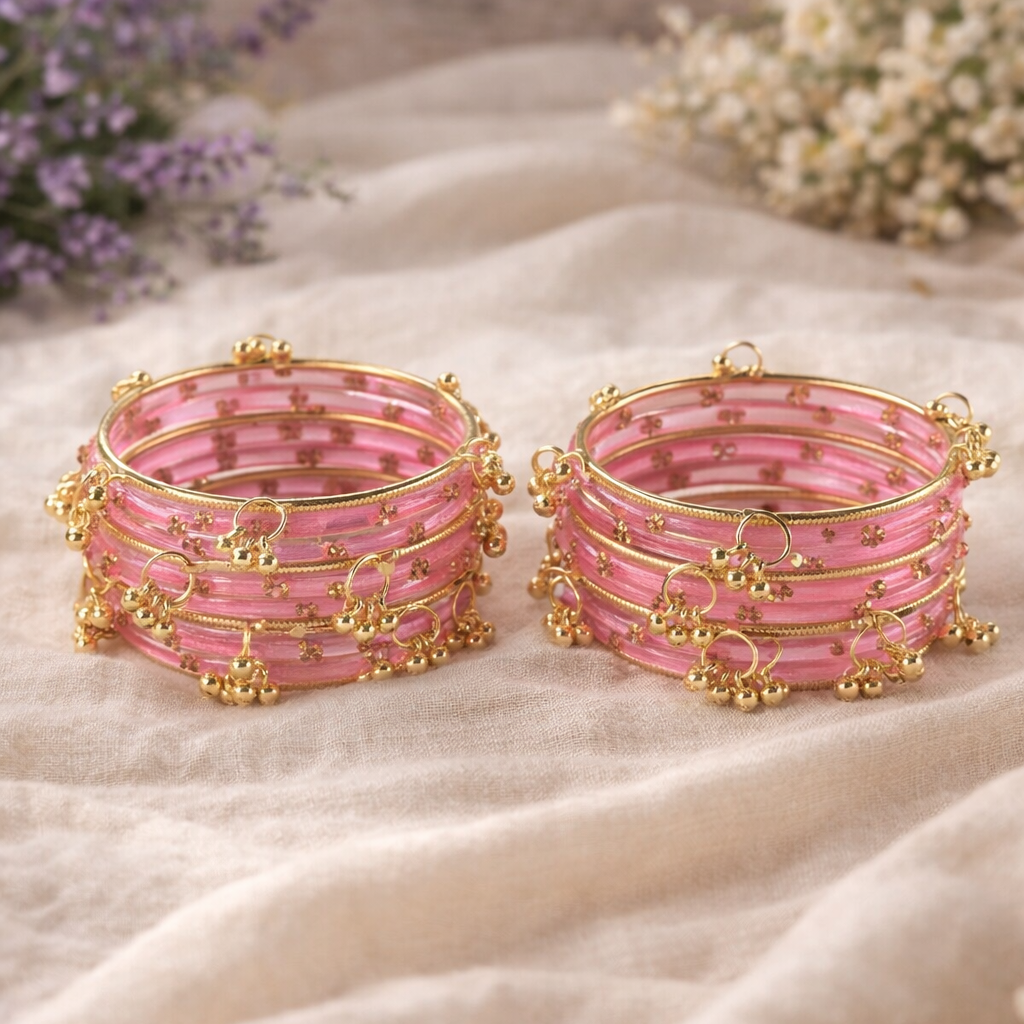 Pink Glass Bangles Set with Gold Metal Ghungroo Pack of 20