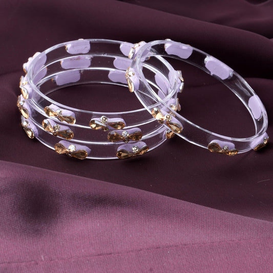 Purple Glass Kada Set With Golden Zircon Stones & Kundan - Pack of 4