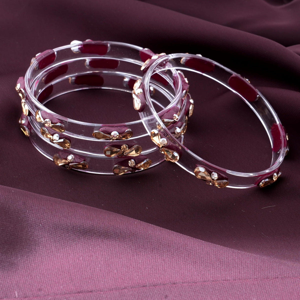 Maroon Glass Kada Set With Golden Zircon Stones & Kundan - Pack of 4