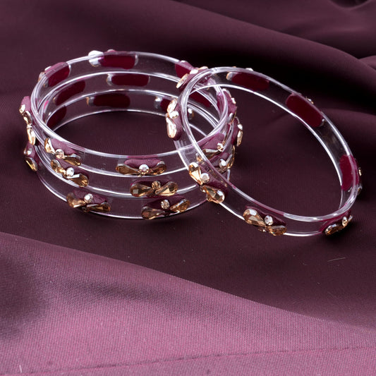Maroon Glass Kada Set With Golden Zircon Stones & Kundan - Pack of 4