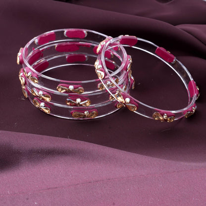 Magenta Glass Kada Set With Golden Zircon Stones & Kundan - Pack of 4