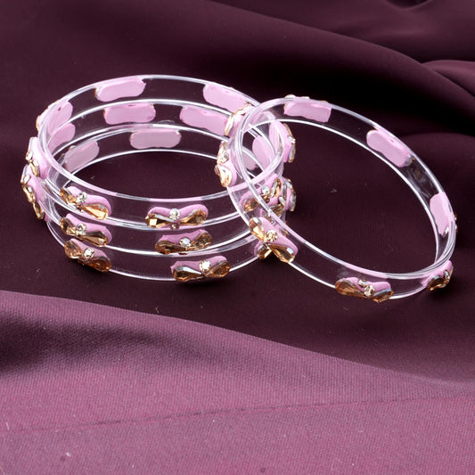 Pink Glass Kada Set With Golden Zircon Stones & Kundan - Pack of 4