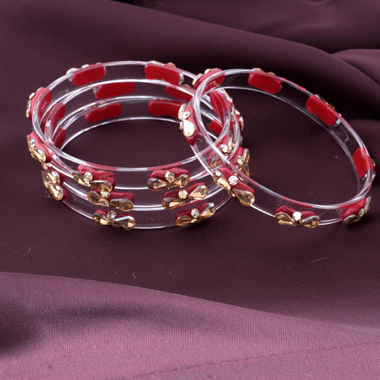 Red Glass Kada Set With Golden Zircon Stones & Kundan - Pack of 4
