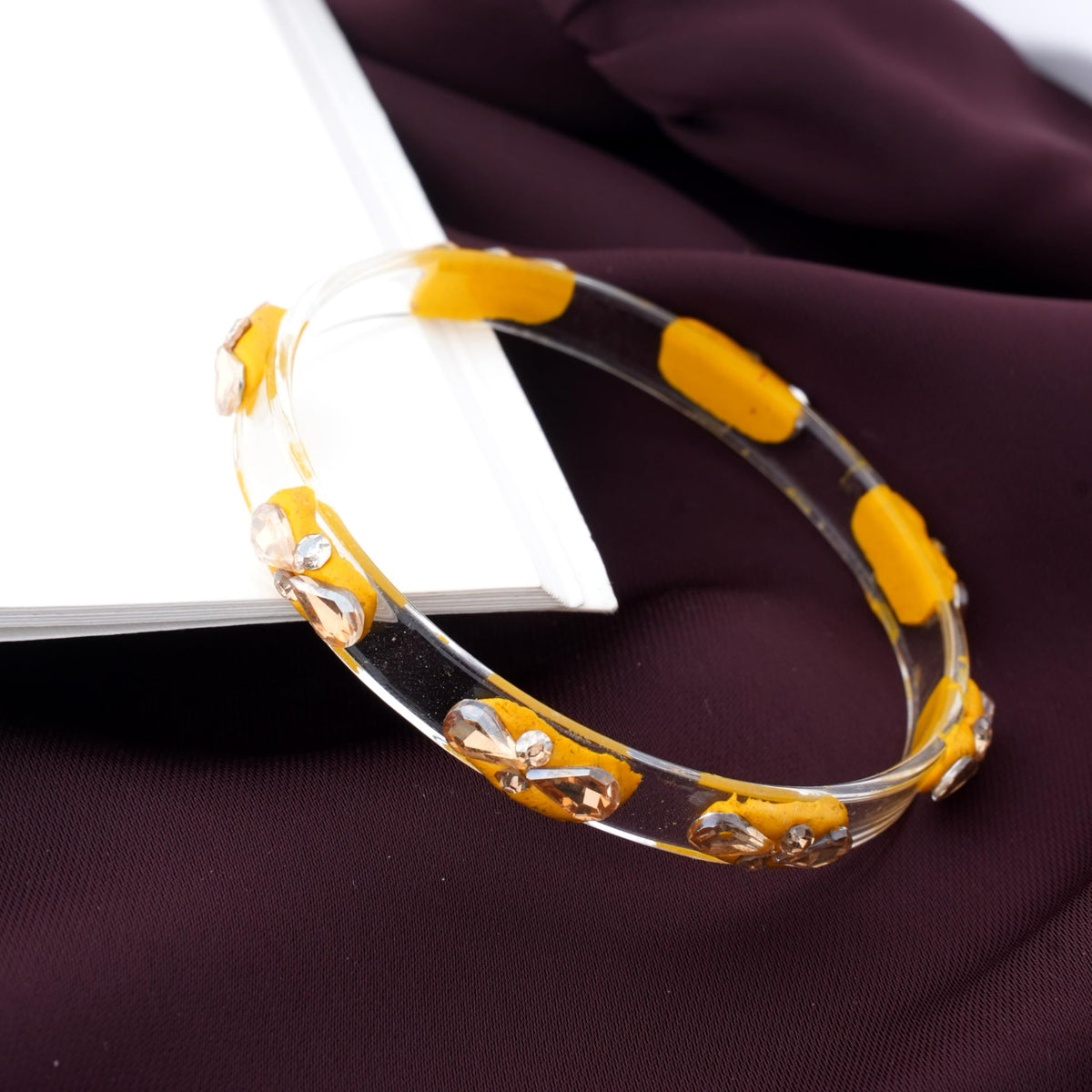 Yellow Glass Kada Set With Golden Zircon Stones & Kundan - Pack of 4