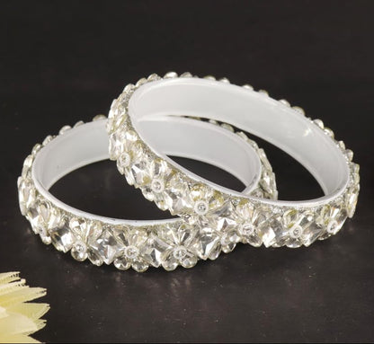 Silver Glass Kada Set Work With Zircon & Kundan Stone - Pack of 2