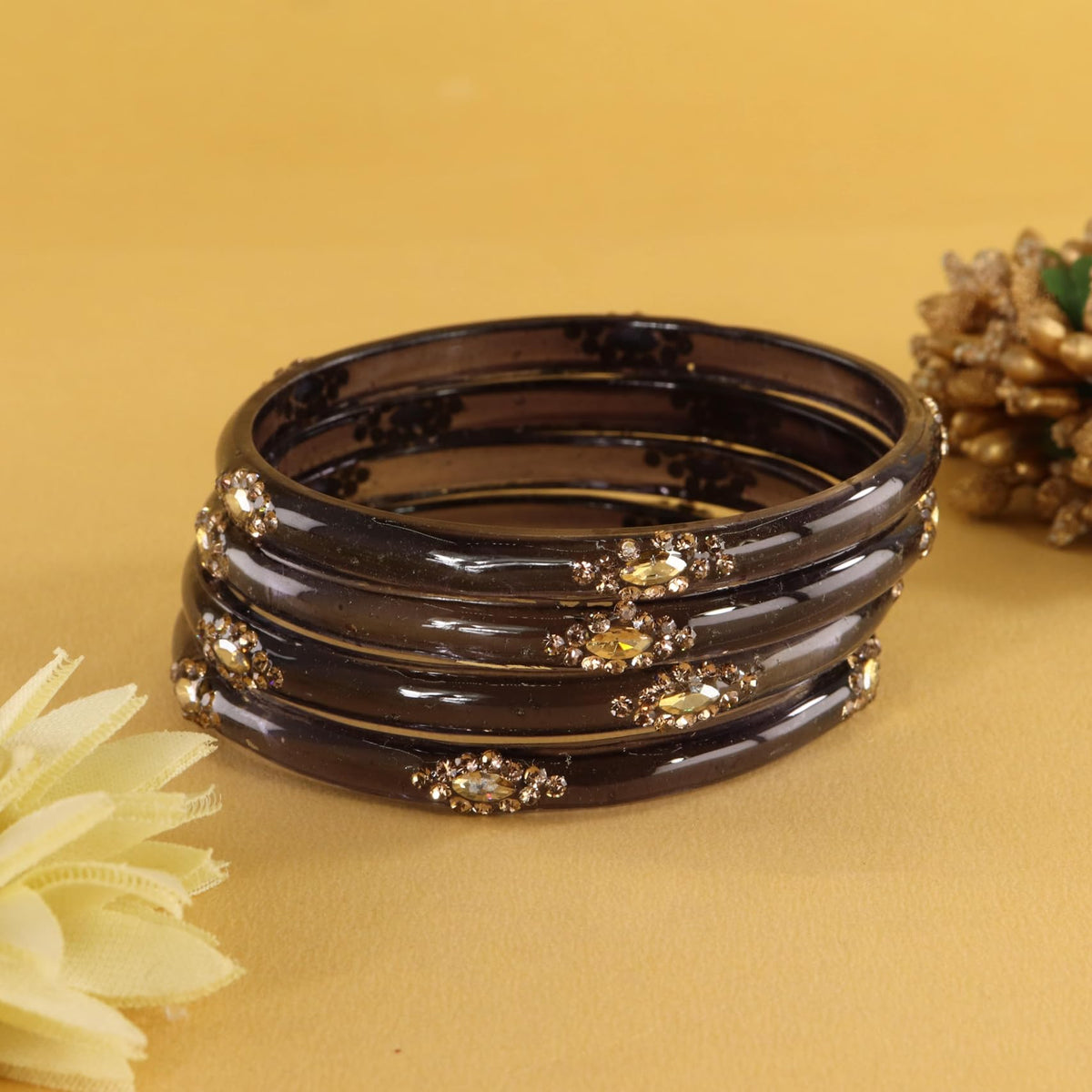 Black Designer Glass Bangles with Golden Work - Set of 4