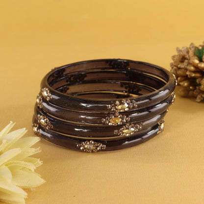 Black Designer Glass Bangles with Golden Work - Set of 4
