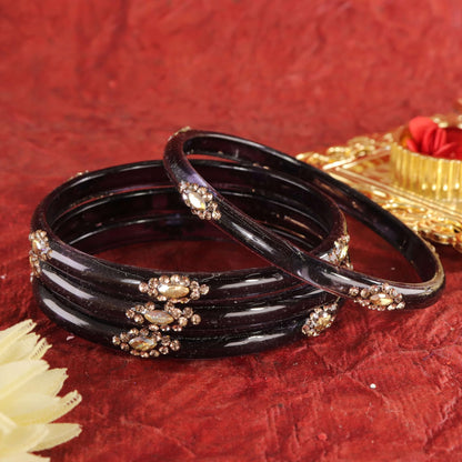 Black Designer Glass Bangles with Golden Work - Set of 4