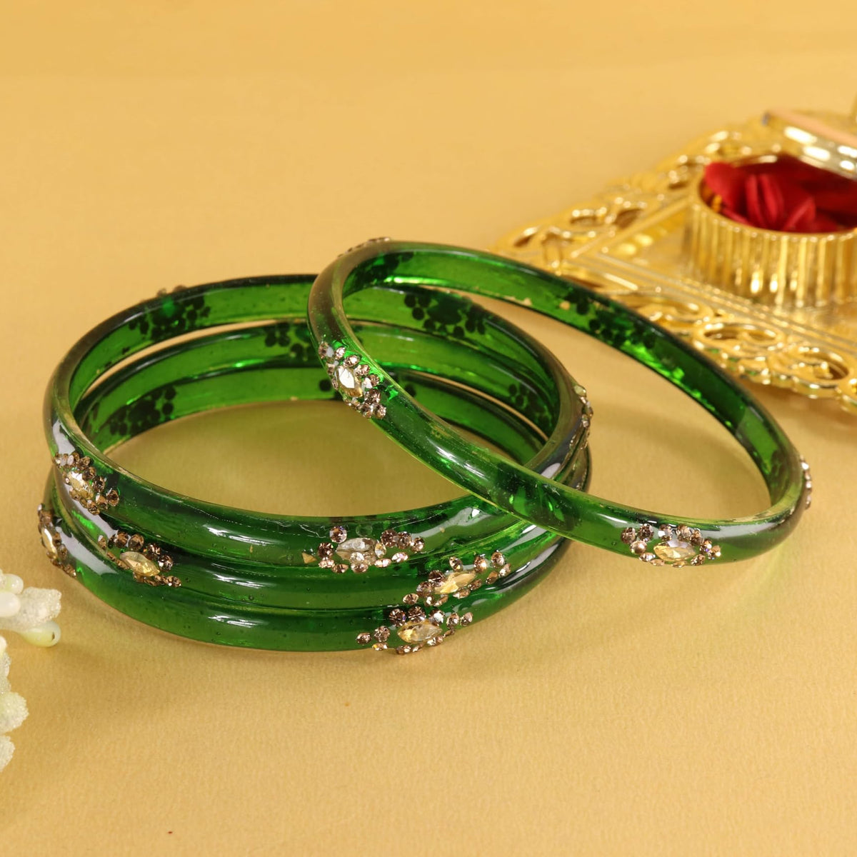 Green Designer Glass Bangles with Golden Work - Set of 4
